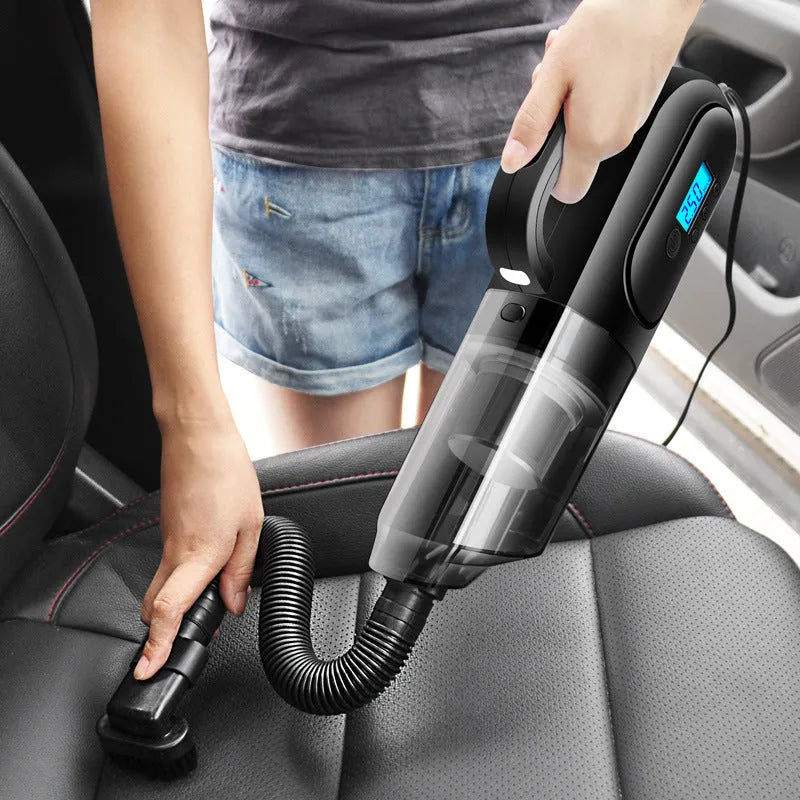 Multi-function 12V car vacuum cleaner with digital tire pressure display and inflation nozzle, ABS construction, Black and White colour options