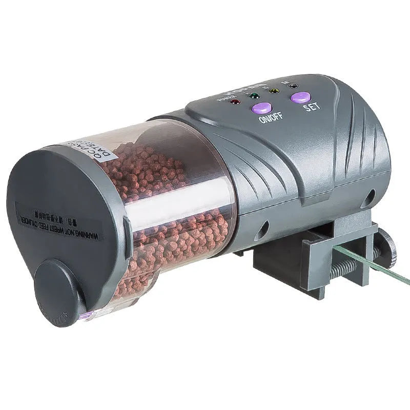 Intelligent timing fish feeder with bucket lid, bracket and two screws for aquarium edge mounting