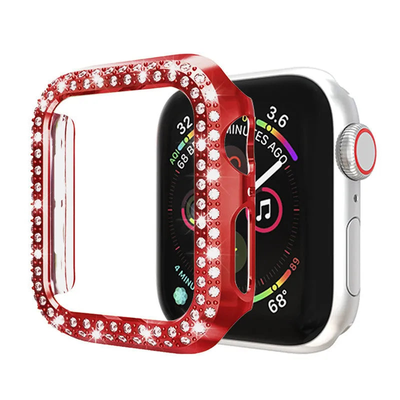 Transparent polycarbonate protective case for an Apple Watch, shown next to colour swatches.