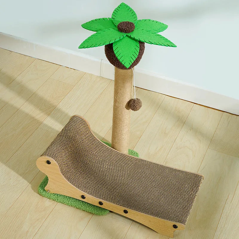 Wooden beach chair-shaped cat climbing frame with a built-in scratch board and a hemp-wrapped column.