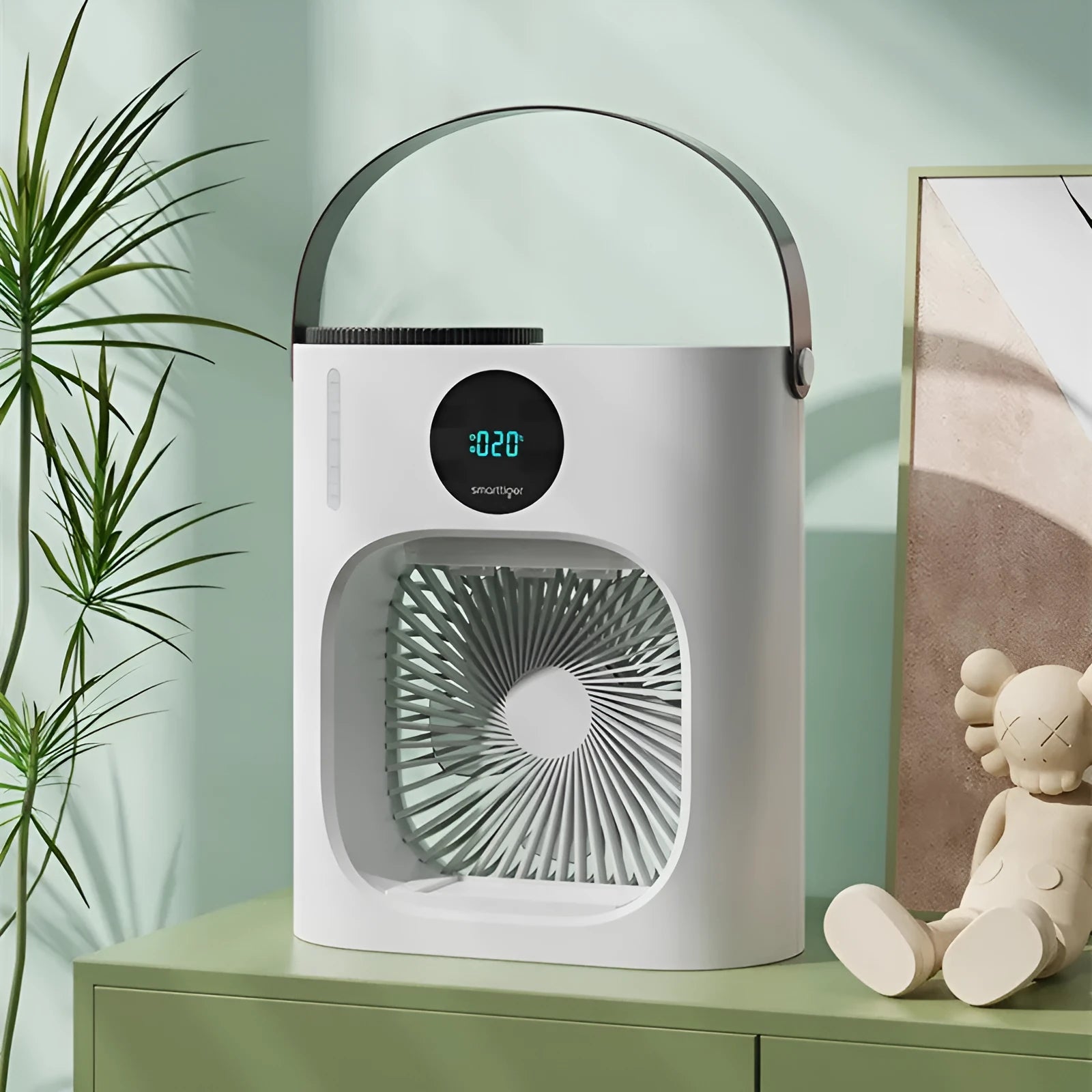 White USB refrigeration air conditioner fan with timing screen display, 276x229x148 mm