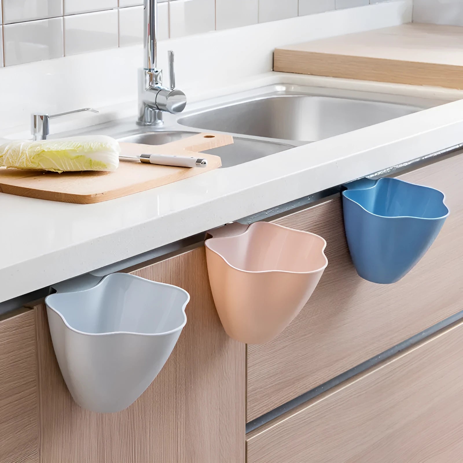 Nordic coloured cabinet rubbish bin in grey, pink, and blue options showing compact 21×16×14cm dimensions