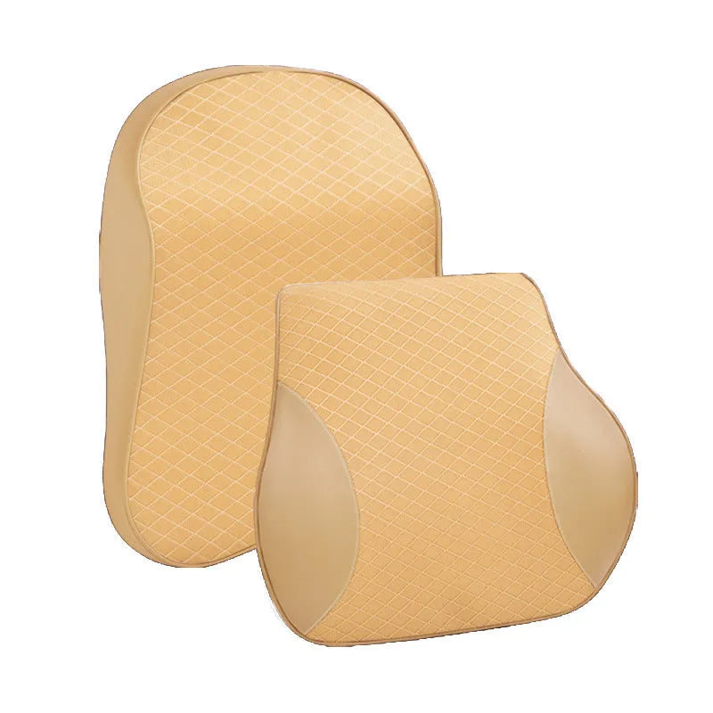 Large memory foam car headrest and neck pillow set with lumbar support cushion in beige