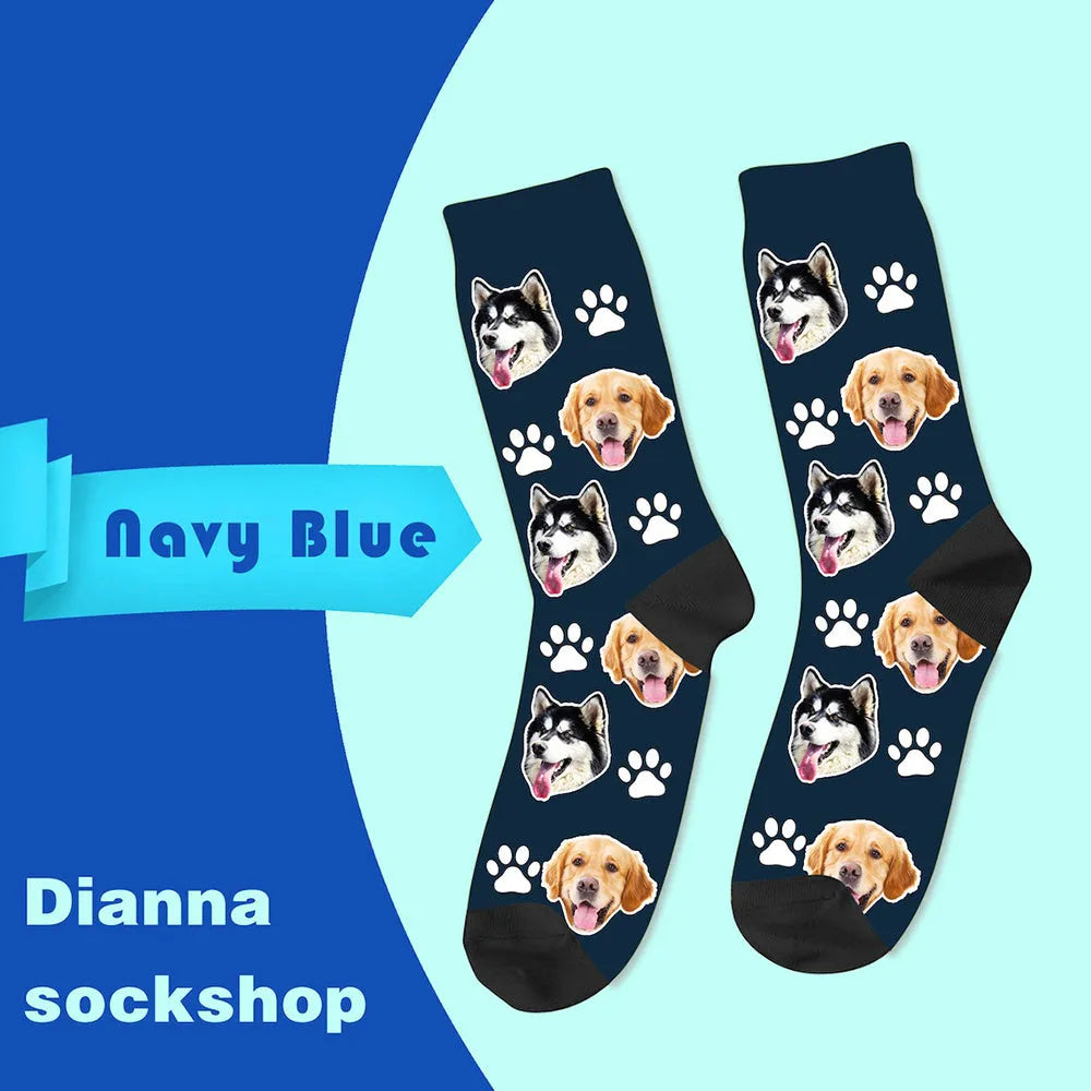 Custom photo mid-calf tube socks with personalised cartoon graphic printing in various colours