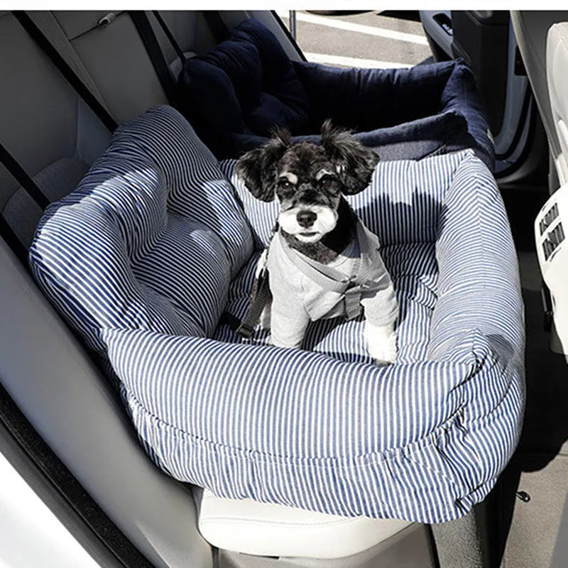 Canvas pet car seat cushion in striped pattern, set on a car seat with raised sides