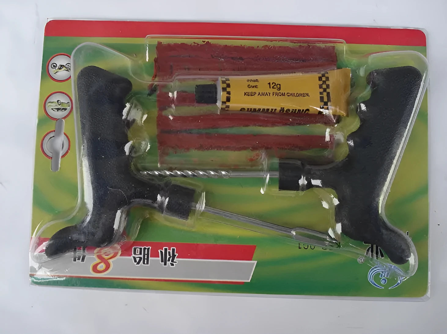 Vacuum tyre repair tool eight-piece set with probe, pin, glue, and rubber strips for car and motorcycle tyres