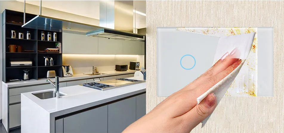 White 2-gang tempered glass touch light switch panel with LED indicators for wall mounting.