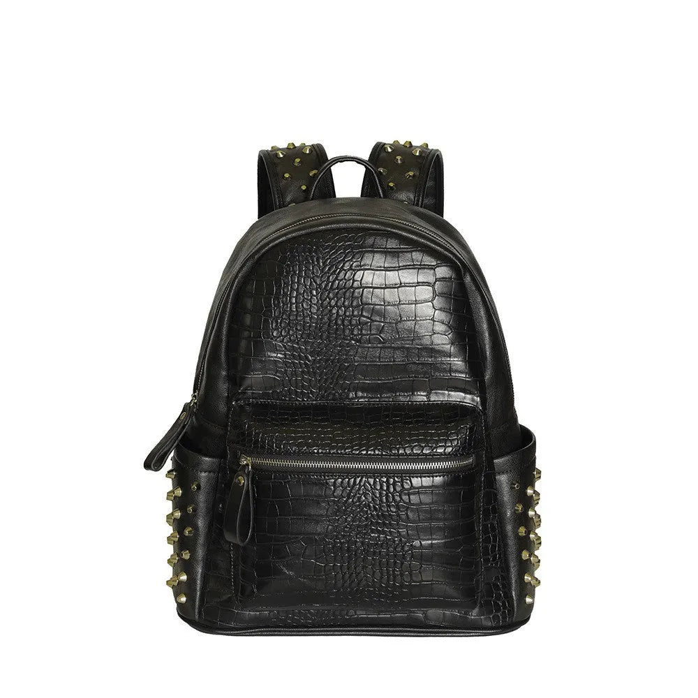 Black oil wax leather waterproof computer schoolbag with rivets, showing large 36-55L capacity.