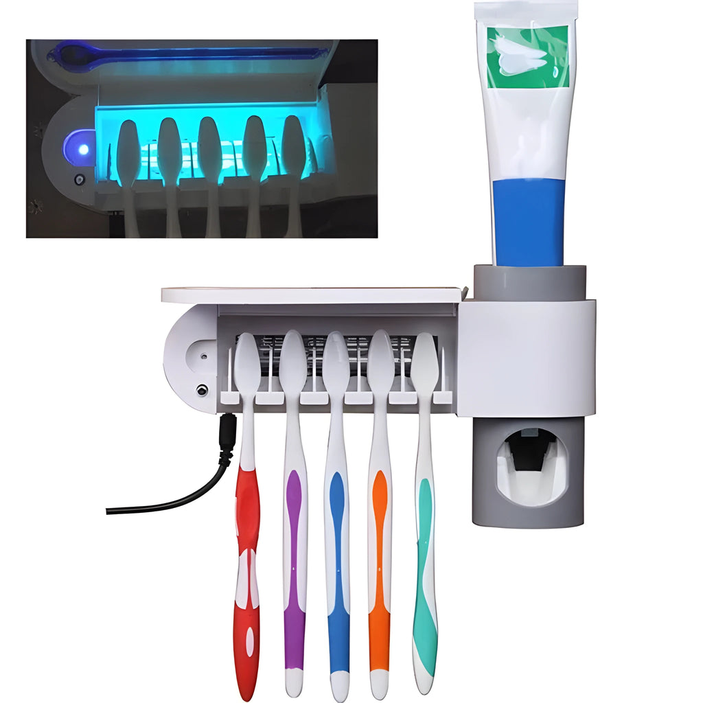 3-in-1 toothbrush holder with UV sterilizer and toothpaste dispenser, wall mounted, white ABS