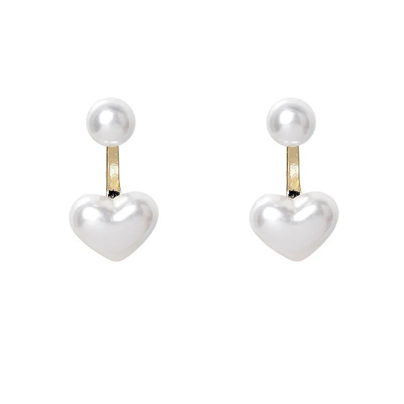 Korean style heart-shaped pearl stud earrings with alloy setting and inlaid gemstones
