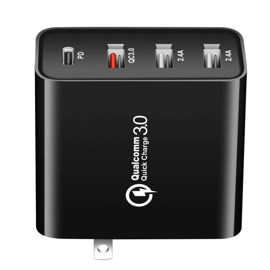 Black and white four-port USB-C wall charger with UK, US, EU, and AU plug options.