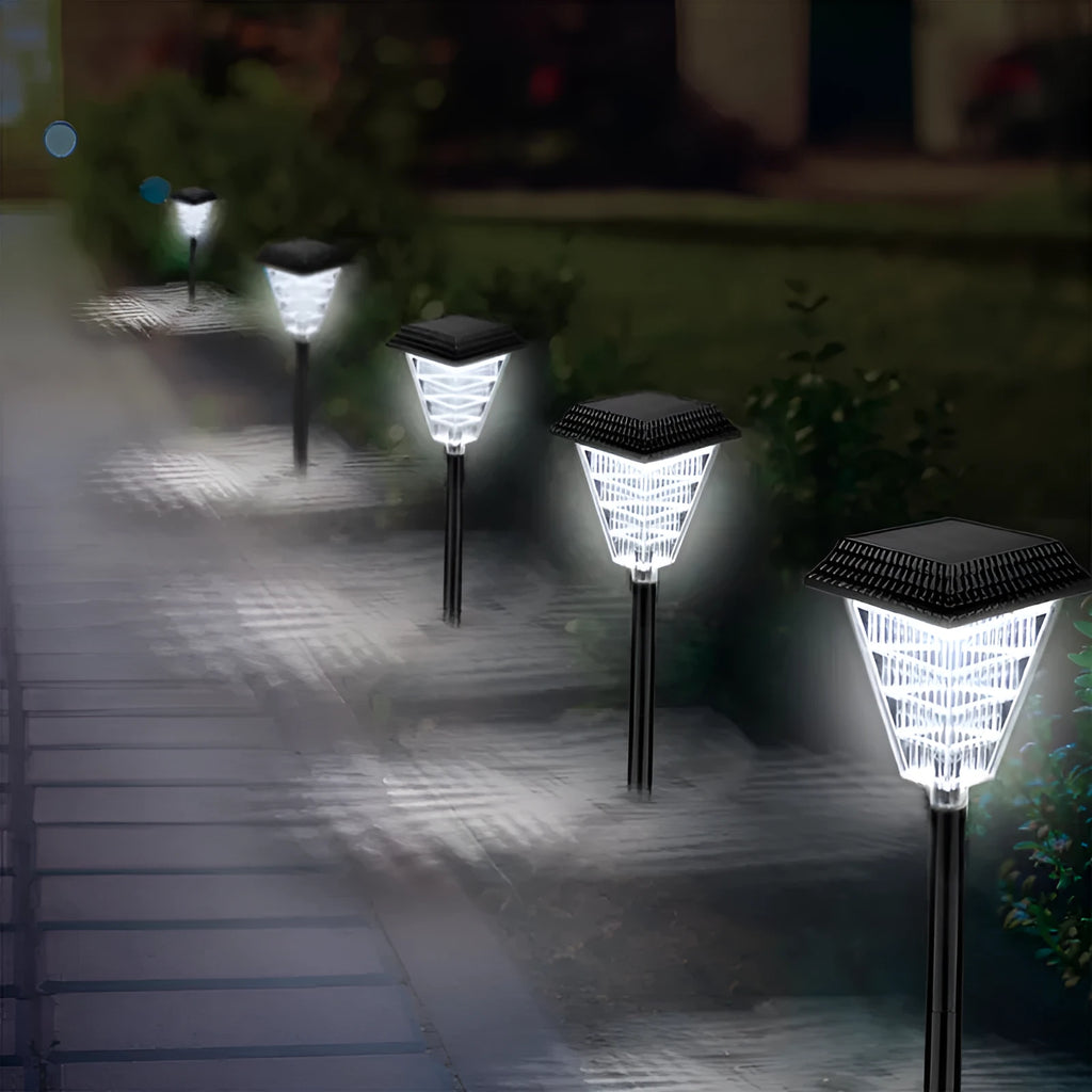 TS-S5103 solar garden light with 12 LED bulbs showing multiple colour options including white, green, red, and flame effects