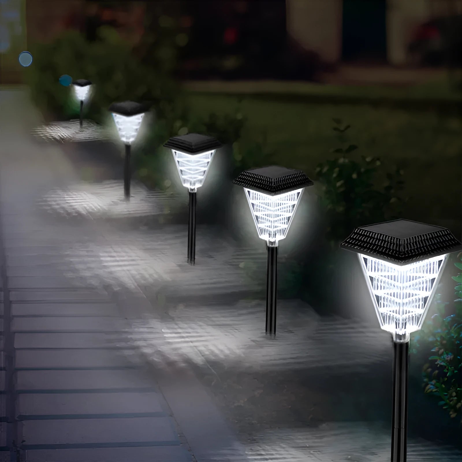 TS-S5103 solar garden light with 12 LED bulbs showing multiple colour options including white, green, red, and flame effects