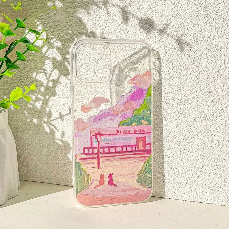 Soft silicone iPhone case featuring a cartoon illustration of two cats on a white background.