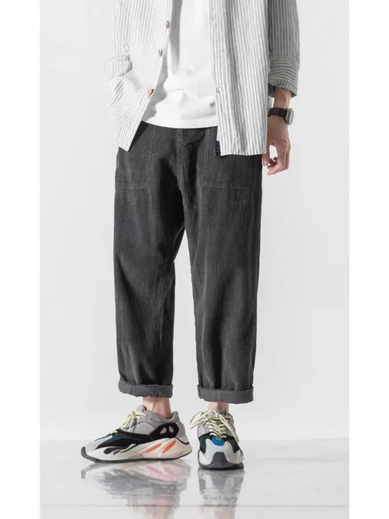Men's loose straight tapered pants in dark grey with wide leg sports design