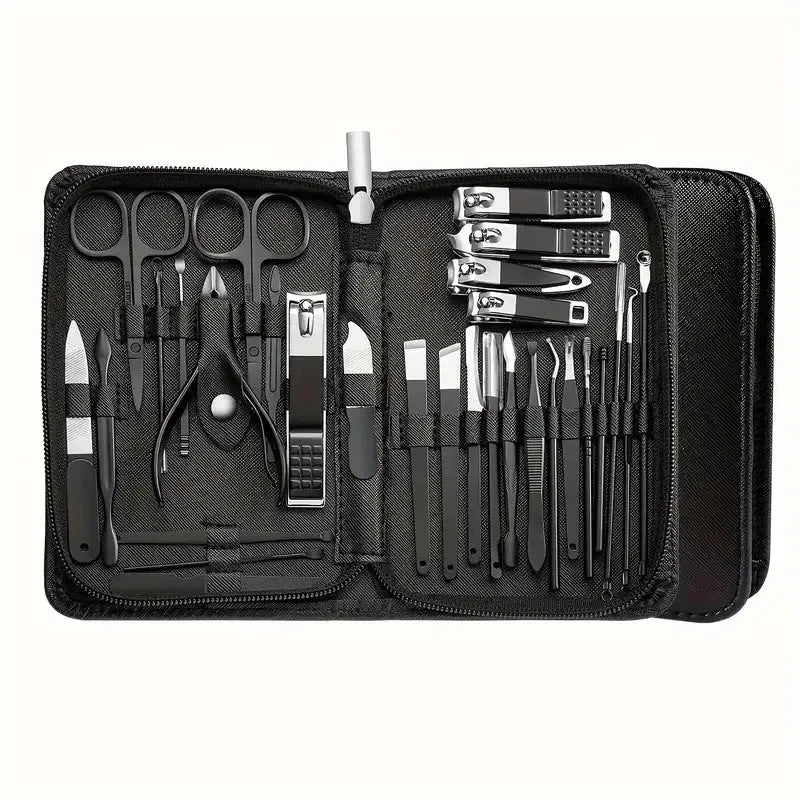 30-piece stainless steel nail tool set displayed with cuticle pusher, nail clipper and foot file