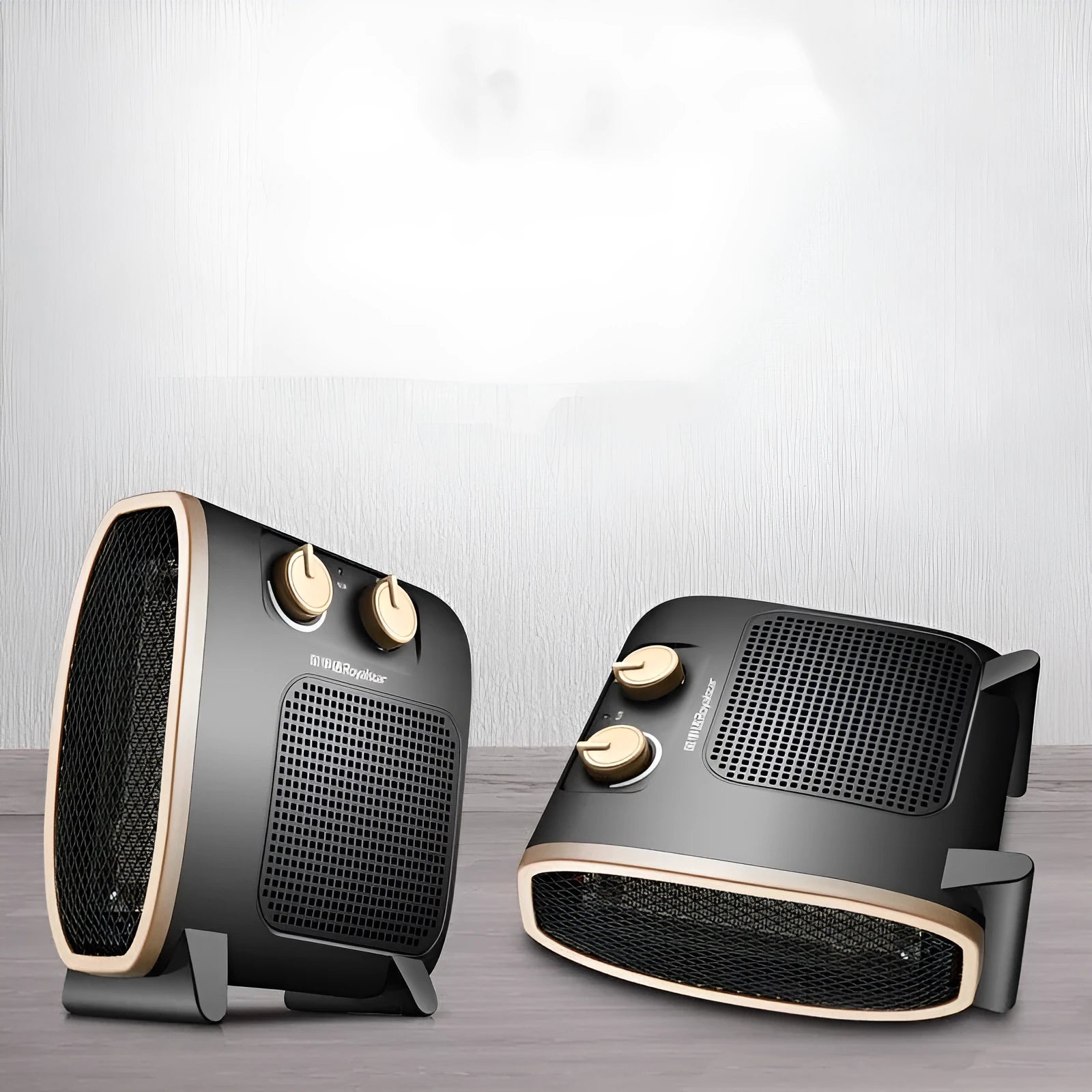 Small white and black gold electric heater fan with mechanical controls for spaces up to 20 square metres