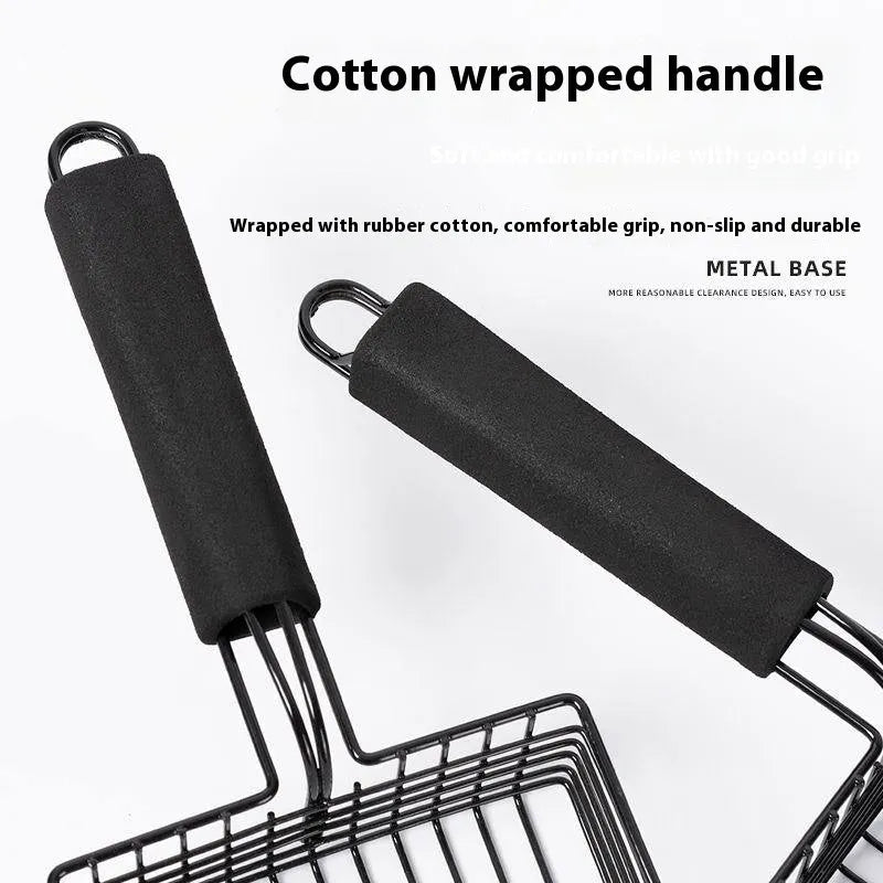 Black metal cat litter scoop with narrow tines for cleaning litter trays.