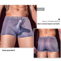Men's black striped nylon boxer briefs laid flat, showing elastic waistband and leg openings.