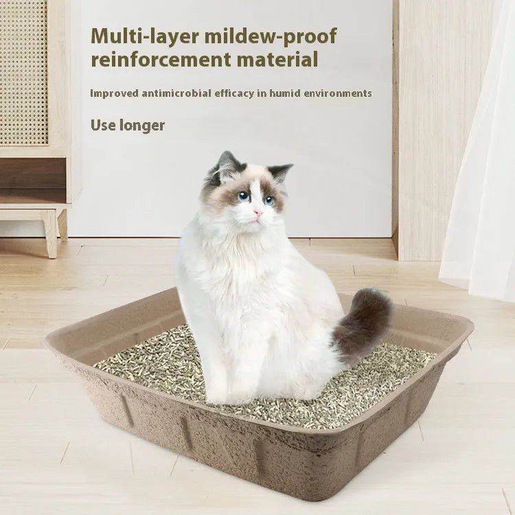 Brown biodegradable disposable cat litter box shown in three available sizes for small cats.