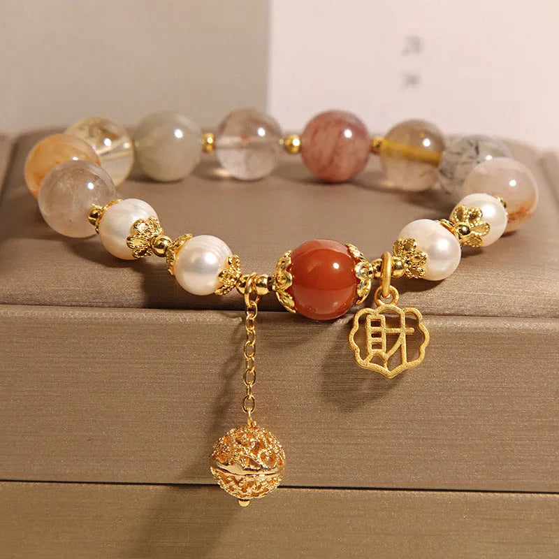 Natural colour hair crystal pearl bracelet for women with Japanese Korean style and Cai character design