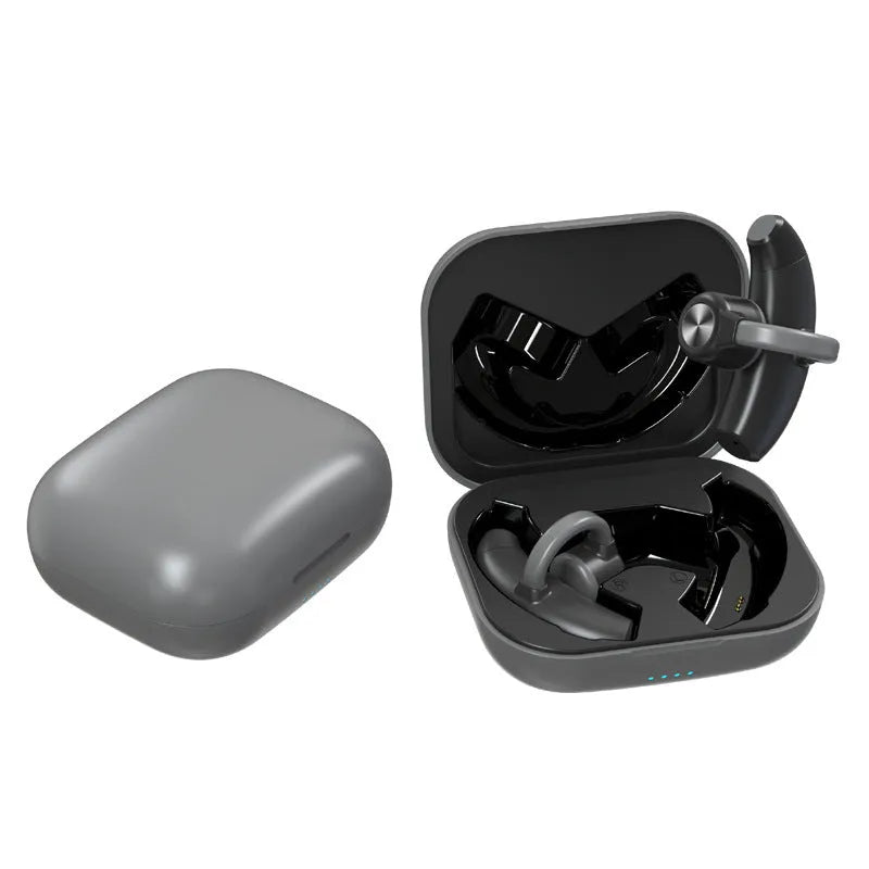 Black bone conduction Bluetooth headphones with charging compartment, external not in-ear open ear design