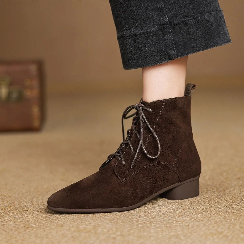Women's matte pointed low-heel ankle boots in brown with thin fleece lining and block heel