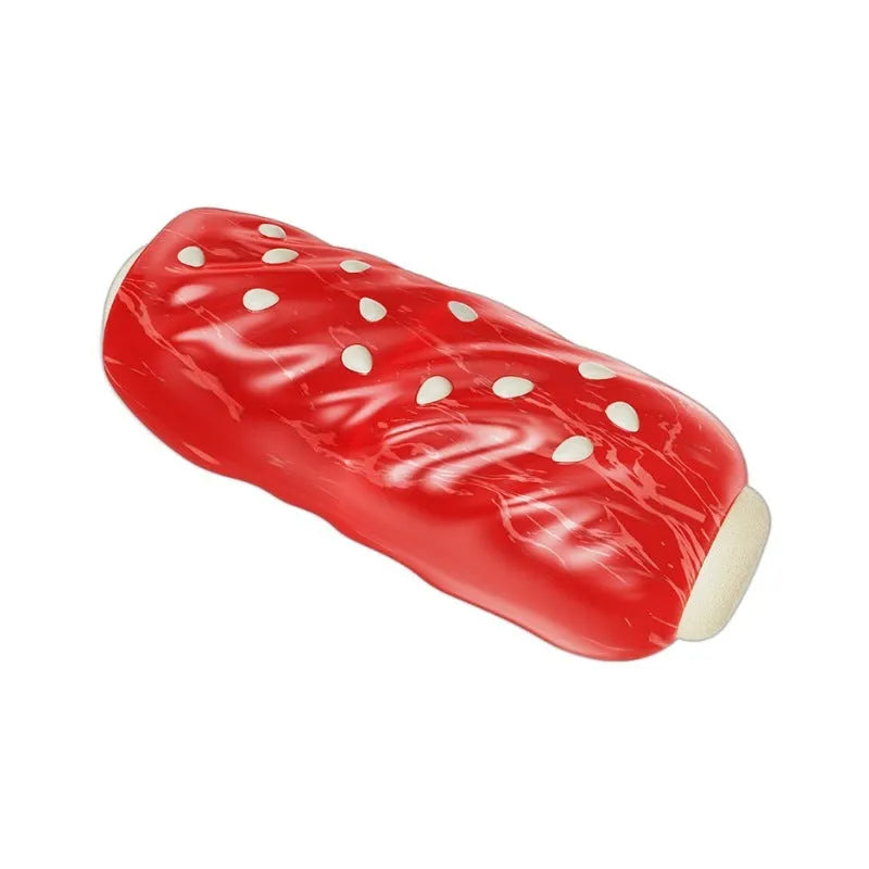Primary coloured plastic Molar Rod dog chew toy with textured surface and hollow treat-dispensing centre.