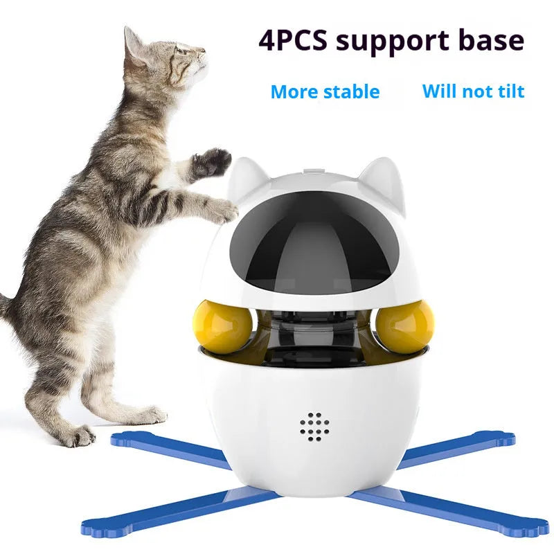 White electronic interactive cat toy with elastic rope attachment on flat surface