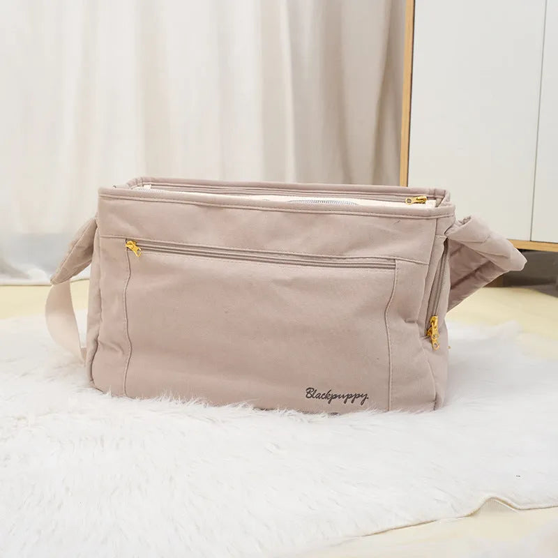 Large capacity soft surface messenger pet carrier bag in beige, 42x19x26.5cm, made from polyester spandex