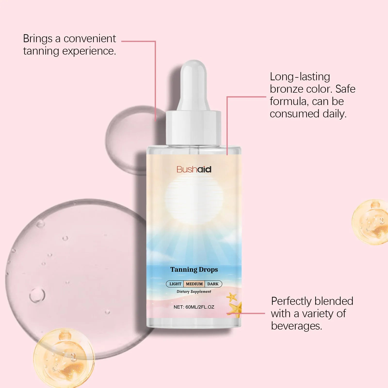No Sunlight Tanning Drops Body Care Kit with 60ml tanning serum in glass bottle