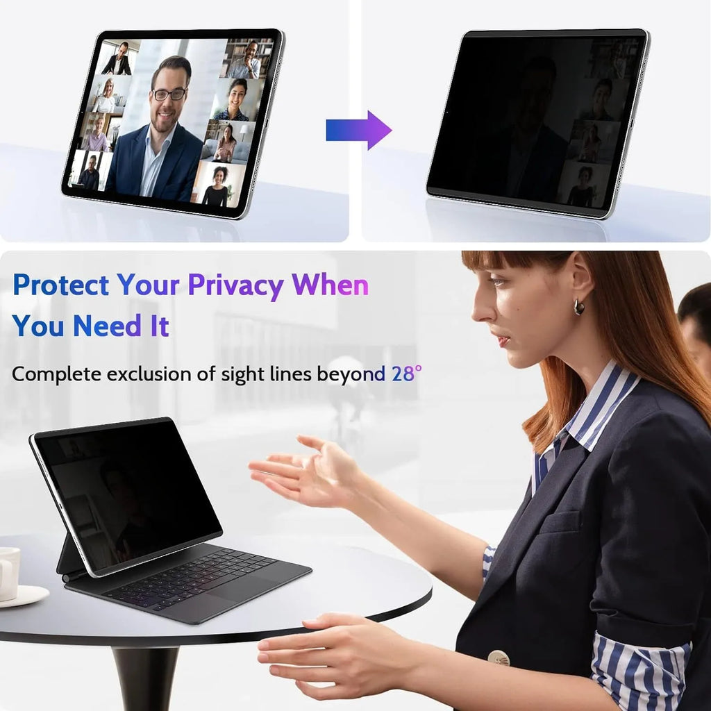Magnetic anti peeping privacy film and storage clip for iPad on a tablet screen