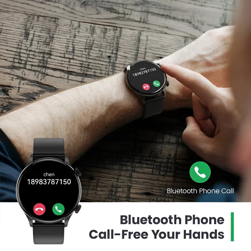 Black Bluetooth smartwatch with circular AMOLED display showing fitness stats