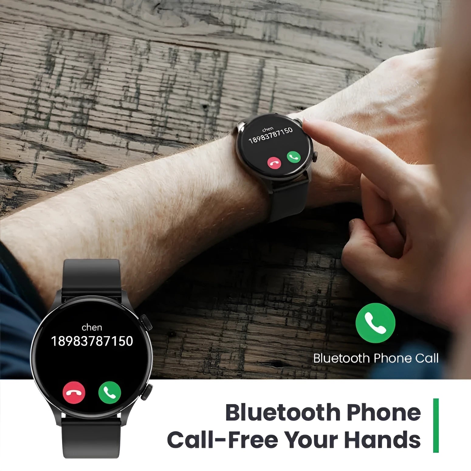 Black Bluetooth smartwatch with circular AMOLED display showing fitness stats