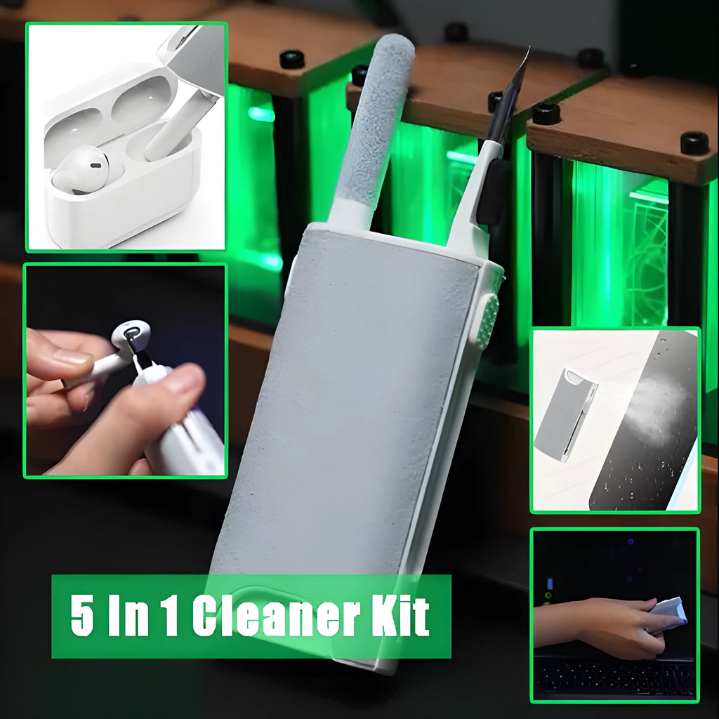5-in-1 digital device cleaning kit with brush, metal tip, and black flocking sponge head