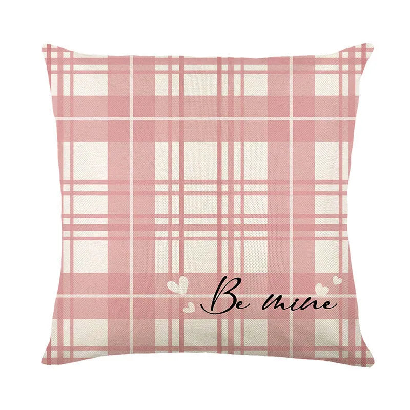 Square plaid fabric pillow cover with a printed red heart, shown in a 45cm size.