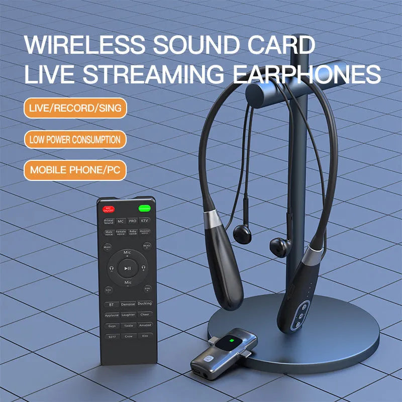 E8 wireless microphone headset sound card integrated unit in neck hanging halter style for mobile live streaming