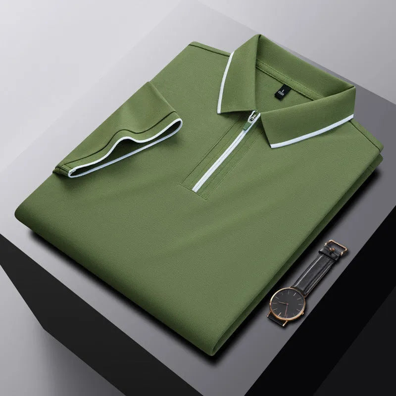 Men's solid colour polo shirt with a front zipper and short sleeves in beige apricot.