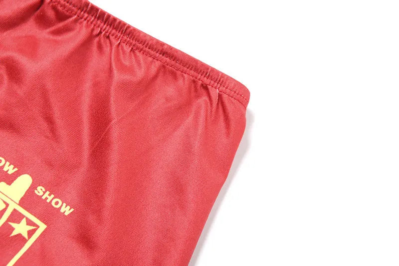 Red women's high waist hip lift shorts and bikini top set with 3D printed pattern.