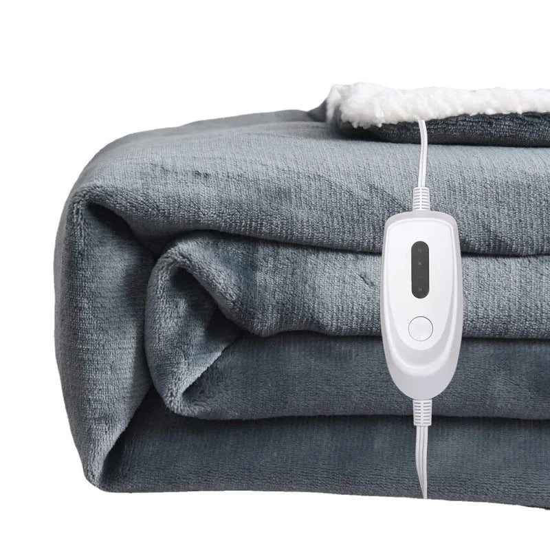 Grey and white flannel electric heating blanket with USB cable and temperature controls.