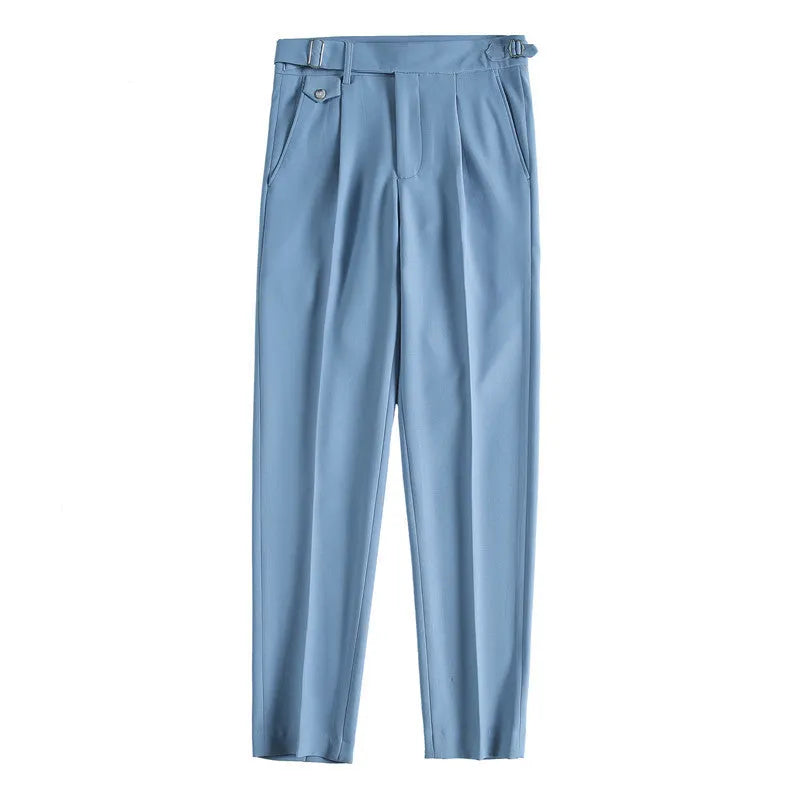 Men's straight-leg casual trousers in solid colours showing waist sizes 29-36 and polyester fabric.