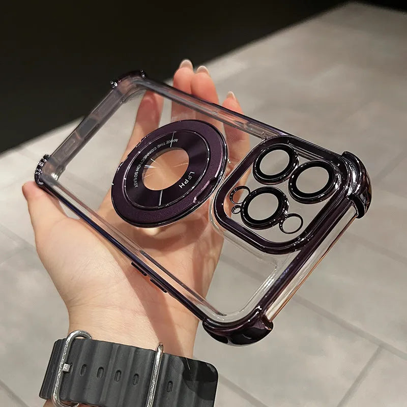 Magnetic rotatable ring bracket drop-resistant phone case for iPhone, PC shell, four-corner airbag, dark night purple colour