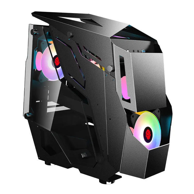 Full side tempered glass ATX computer case with SPCC steel chassis, black colour, showing internal component visibility