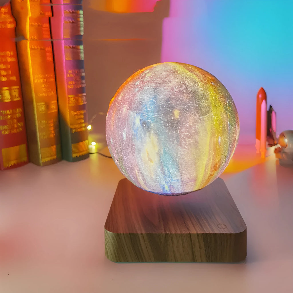 14cm magnetic levitation galaxy moon lamp floating above square walnut colour base