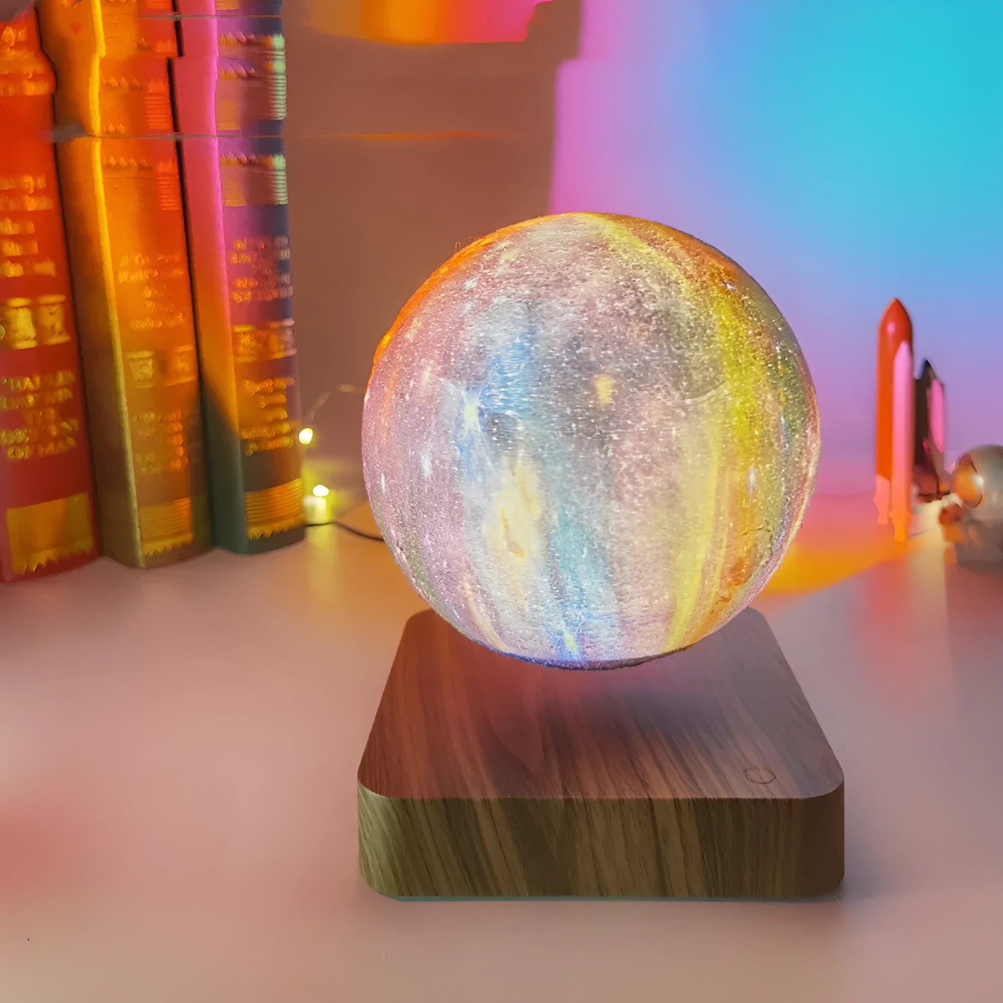 14cm magnetic levitation galaxy moon lamp floating above square walnut colour base