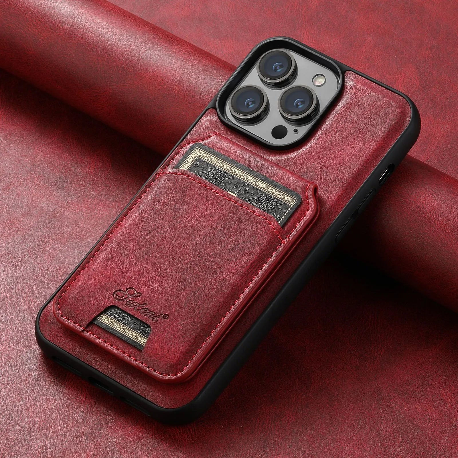 MagSafe-compatible silicone phone case with a magnetic card holder on the back in an oil wax pattern finish.