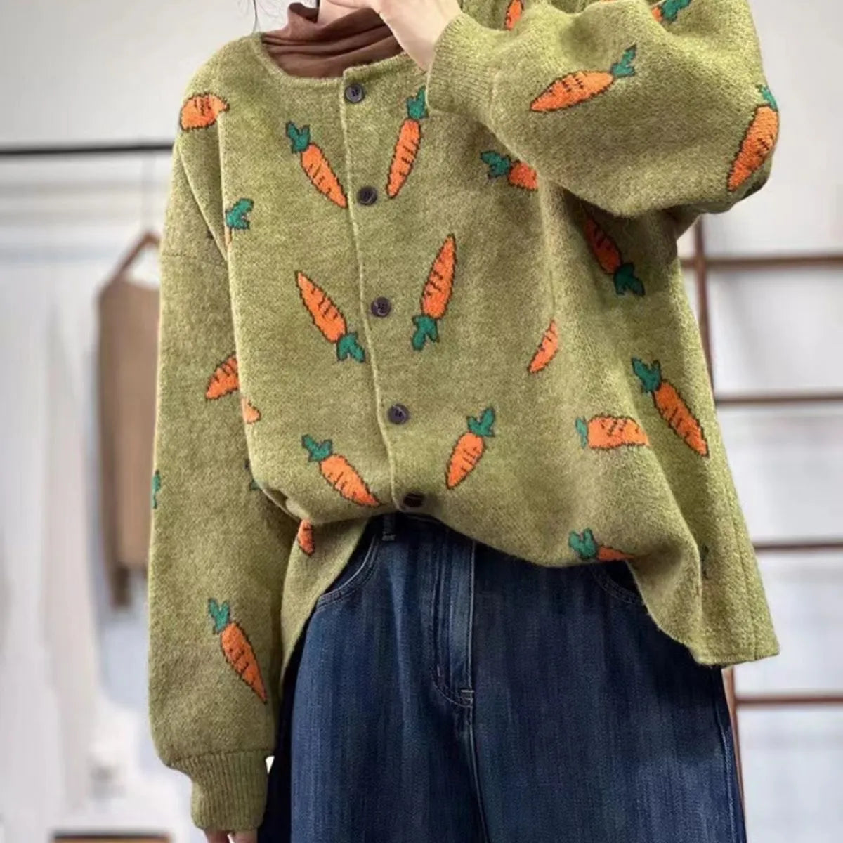 Loose round neck cardigan with Mori artistic colour contrast print, shown in viscose fabric.