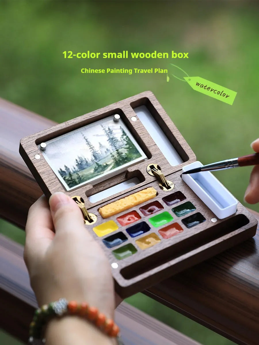 Mini walnut wood watercolour paint box with pigment suit set options