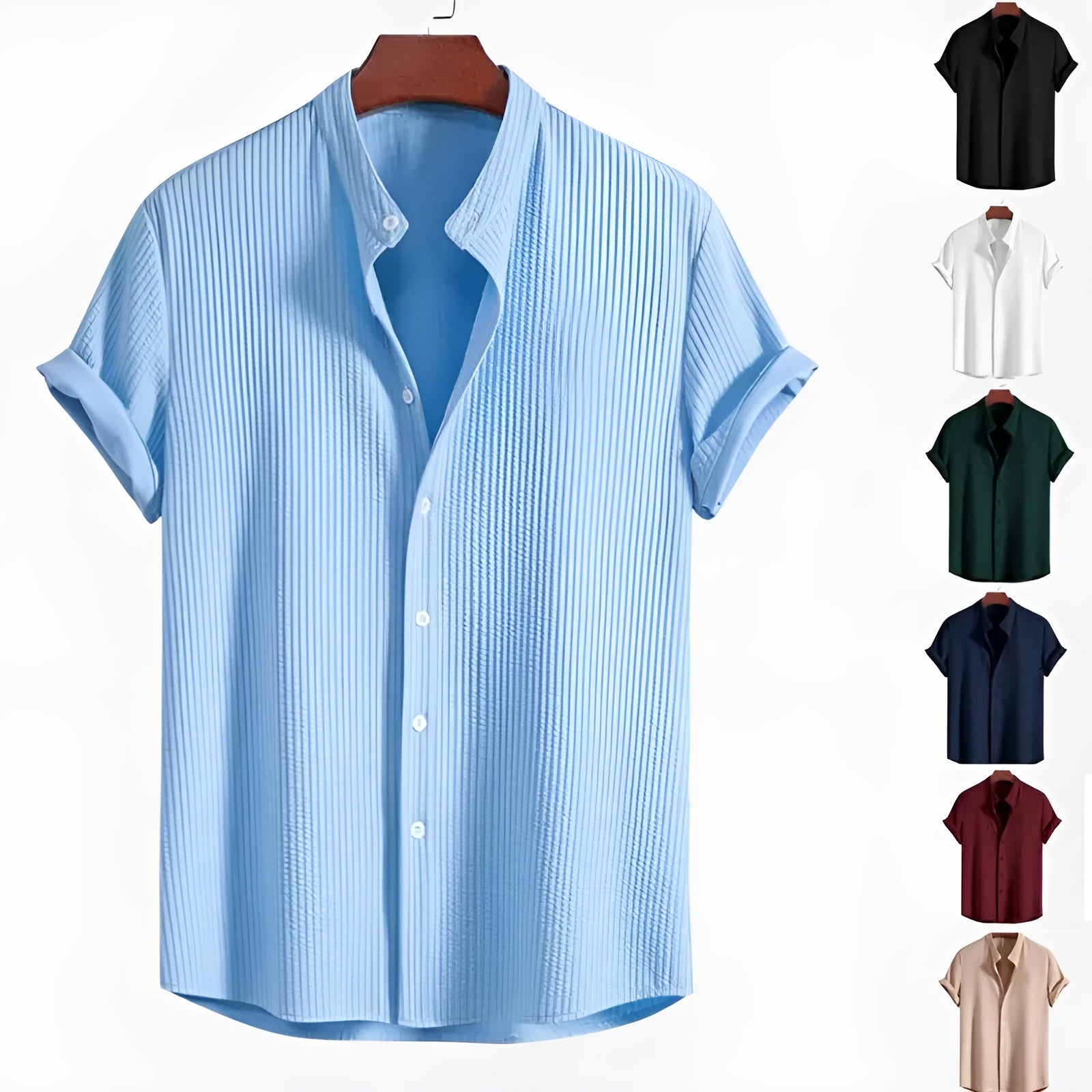 Man wearing a loose-fitting short sleeve summer shirt in a solid colour, showing the relaxed fit and short sleeves.