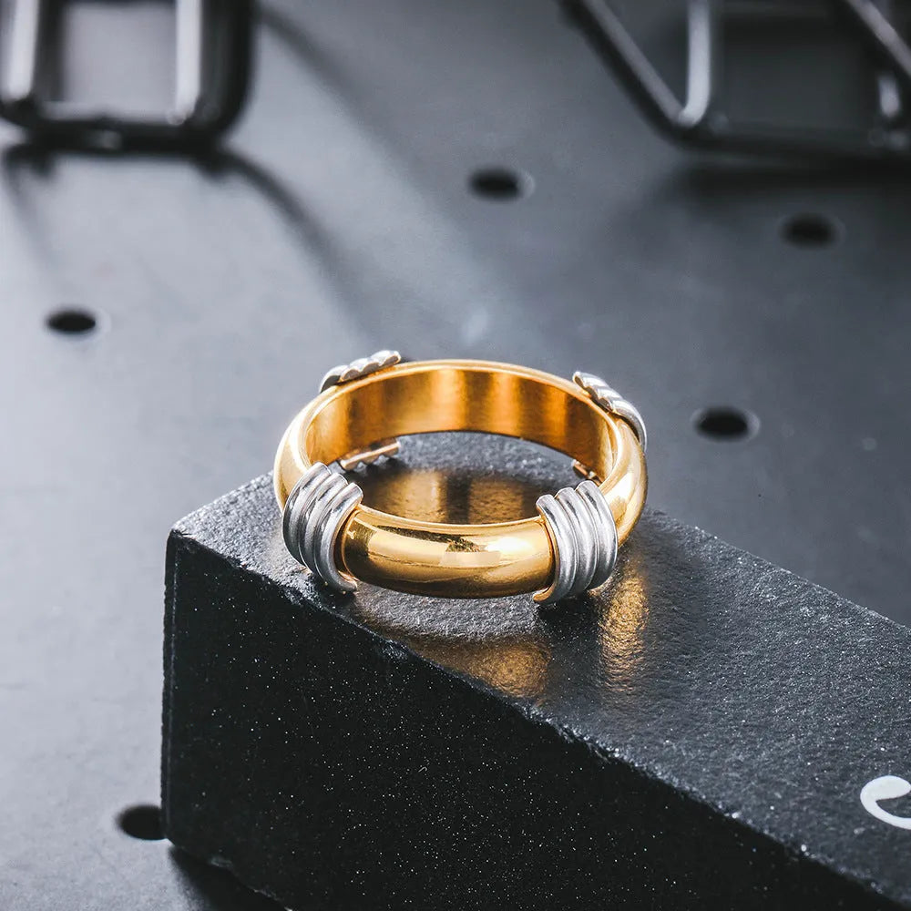 Gold electroplated titanium steel unisex ring with letter number text modelling, sizes 6 Yard and 8 Yard.